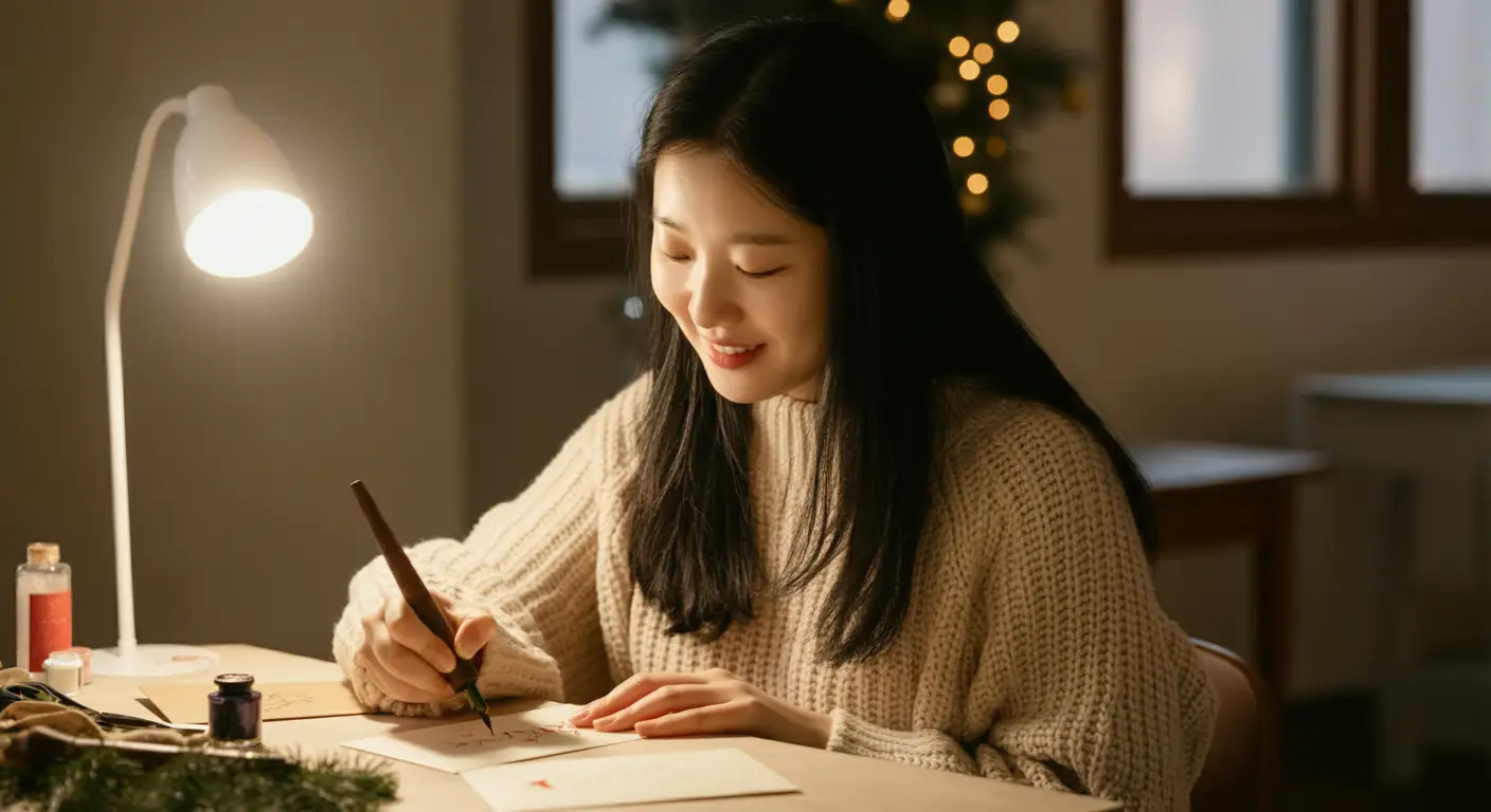 크리스마스 카드를 작성하는 여성