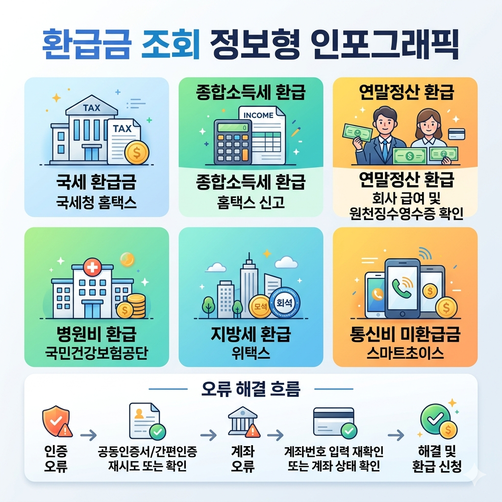 환급금 조회 방법|국세·병원비·연말정산·지방세 환급 종류별 경로표 인포그래픽