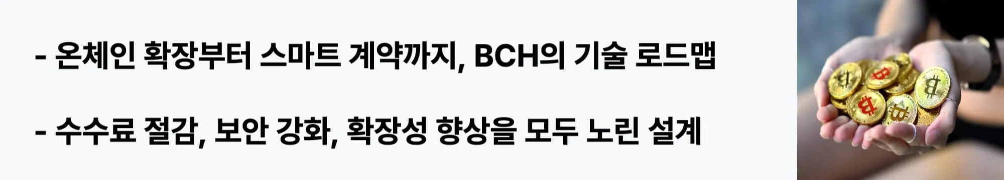비트코인 캐시의 설계 철학과 기술 전략을 소개하는 웹배너 이미지. 온체인 확장, 스마트 계약, 수수료 절감과 보안 강화 등을 포함한 기술 로드맵 설명 (bch technical design)