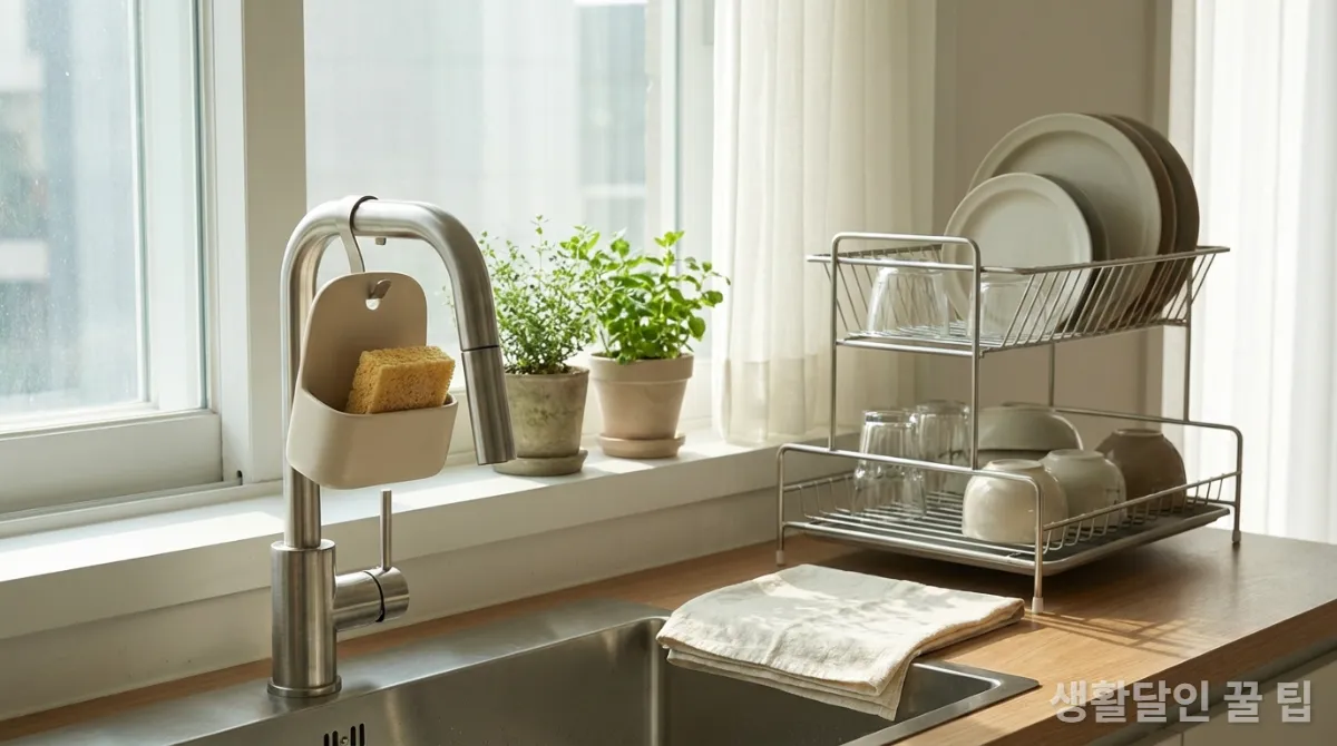 깨끗하게 관리된 수세미, 행주, 그리고 건조 중인 식기