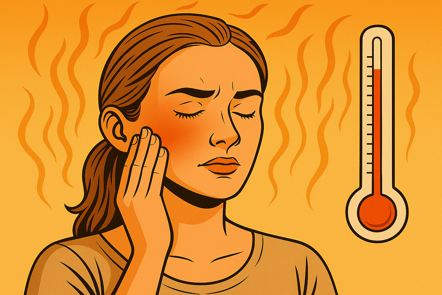 주변 온도가 올라 얼굴에도 온도가 올라가 붉게 달아오른 여성 이미지