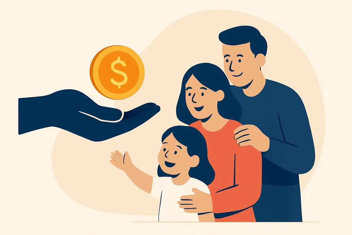 가족(부모와 아이)에게 동전을 건네는 손 일러스트 (근로·자녀장려금)