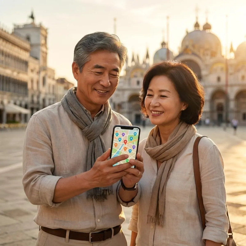 챗GPT를 활용해 스마트폰으로 직접 해외여행 일정을 확인하며 즐거워하는 5060 한국인 부부의 시네마틱한 모습