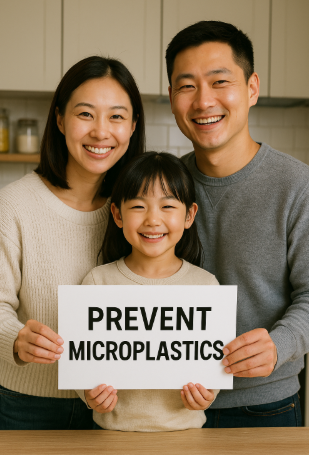 미세플라스틱을 예방하자는 메시지의 플랜카드를 들고있는 3인 가족