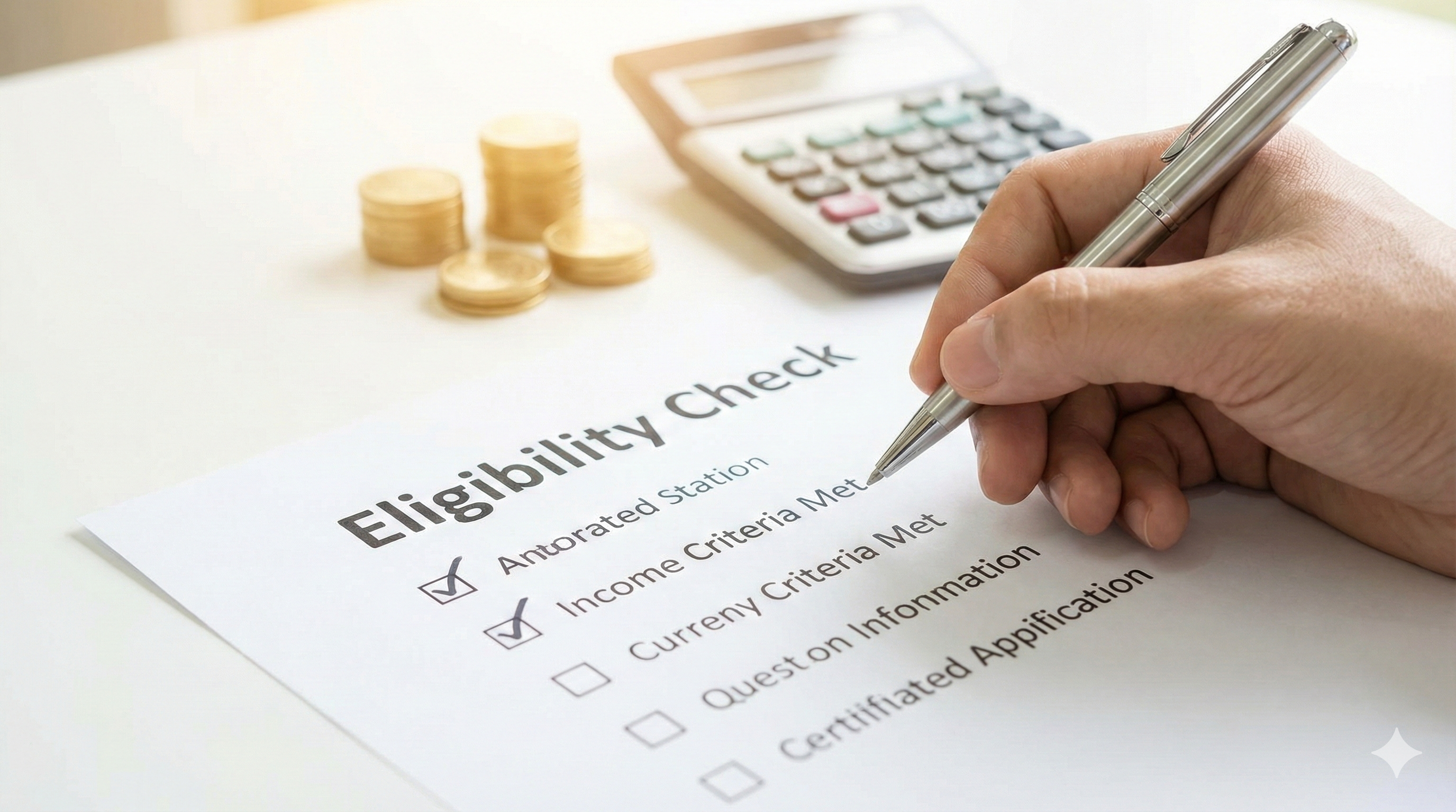 체크리스트에 체크를 표시하는 손과 그 옆에 놓인 계산기