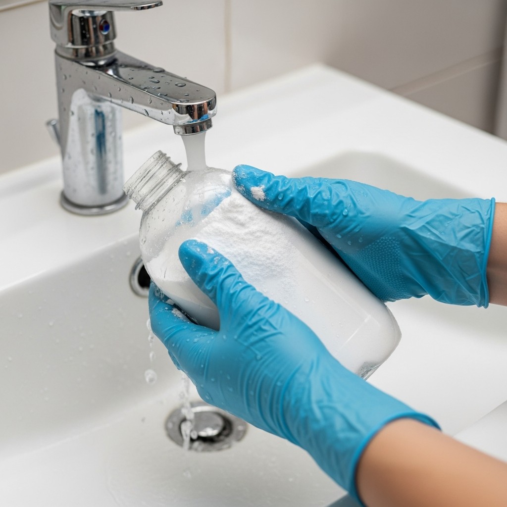 샴푸통을 베이킹소다로 세척하는 모습