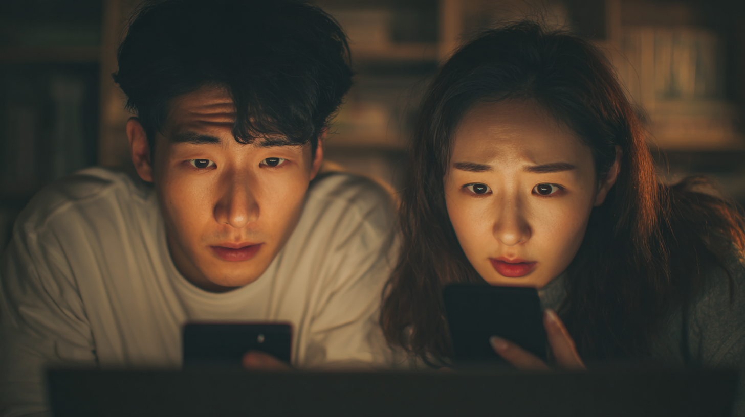 한국인 남녀가 노트북 트랙패드와 스마트폰 화면을 긴박하게 클릭하는 클로즈업