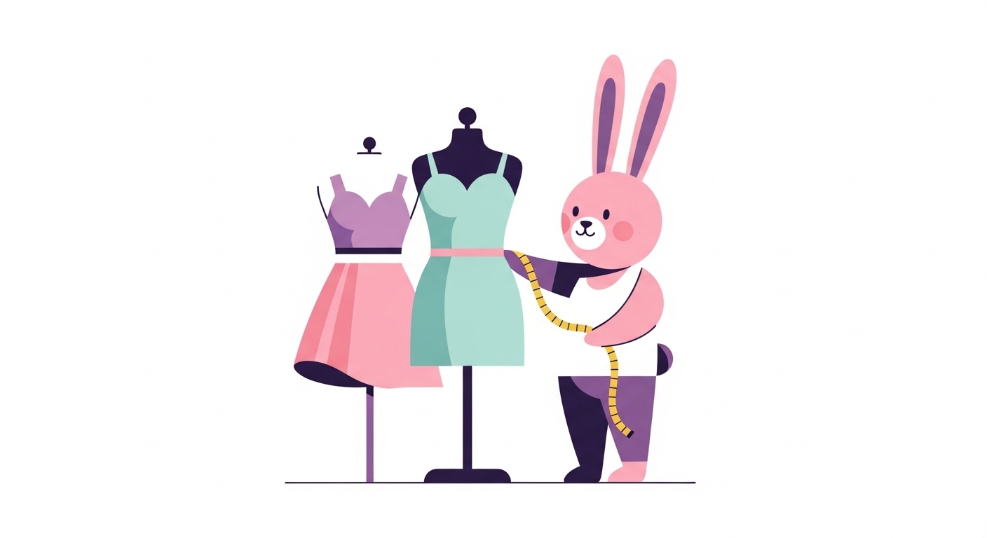 마네킹에 옷을 입히며 패션 감각을 뽐내는 창의적이고 예술적인 토끼 캐릭터 일러스트