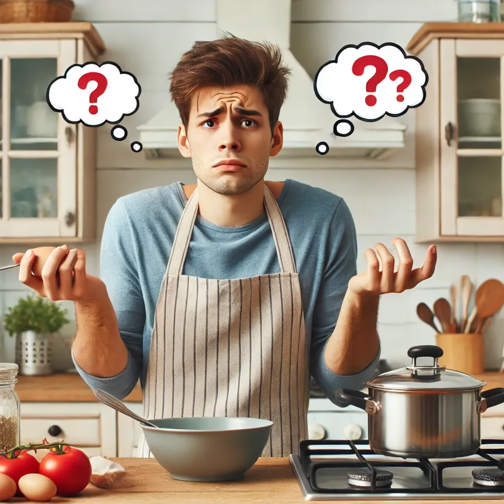 일상적인 과제를 수행하는 데 어려움을 겪는 사람. 부엌에서 재료를 들고 혼란스러워하는 모습, 무엇을 해야 할지 모르는 듯한 표정으로 기억력 문제를 드러냄.