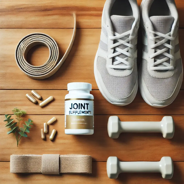 관절 보조제, 워킹화, 운동밴드가 정돈된 스튜디오컷