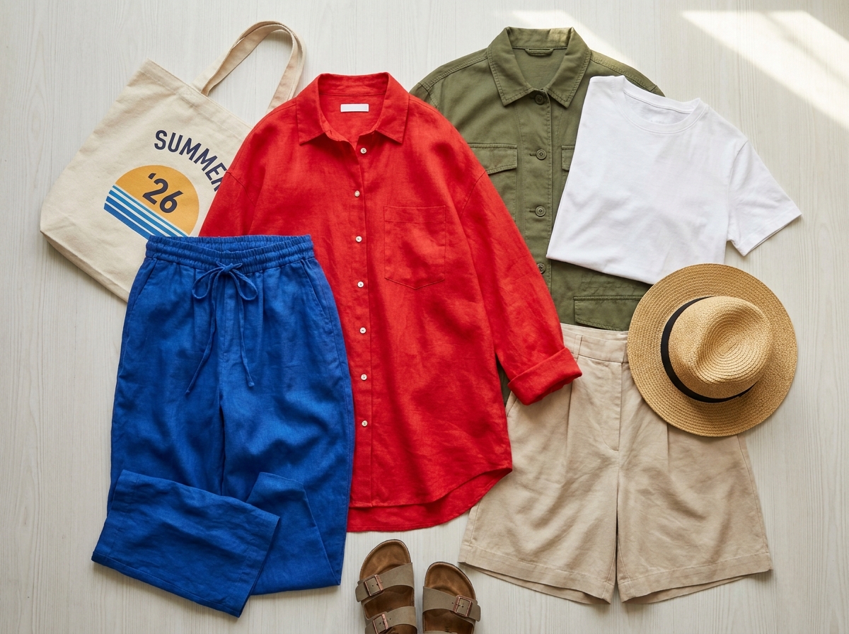 Flat lay of summer oversized clothing items in 2026 trend colors including vivid red, cobalt blue, olive green, white, and beige, neatly arranged on light background