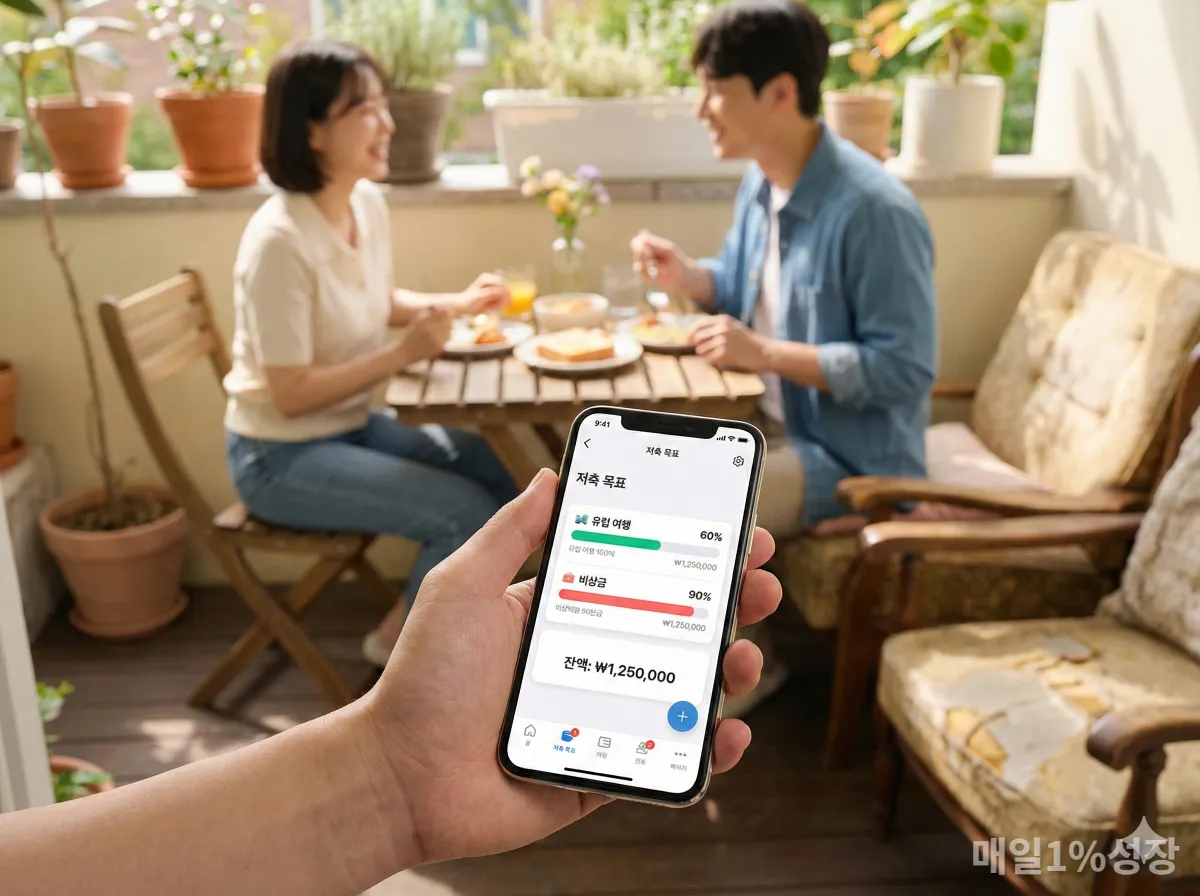 스마트폰으로 짠테크 가계부를 관리하며 알뜰한 생활을 실천하는 모습