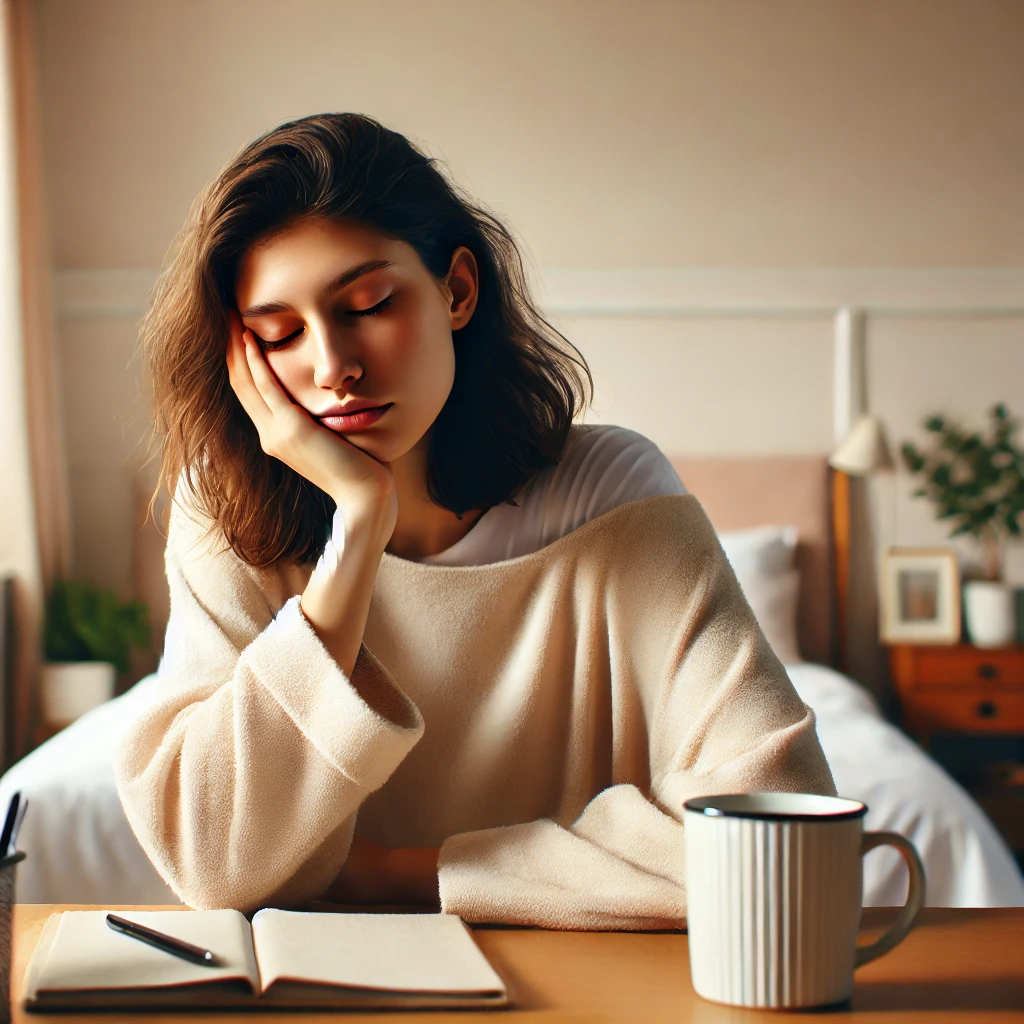 수면 부족으로 피곤해 보이는 20대 여성, 헝클어진 머리와 다크서클, 책상에 앉아 커피를 마시며 피로한 아침을 보내는 모습
수면 부족, 아침 피로, 감정 소진, 일상적인 피곤함