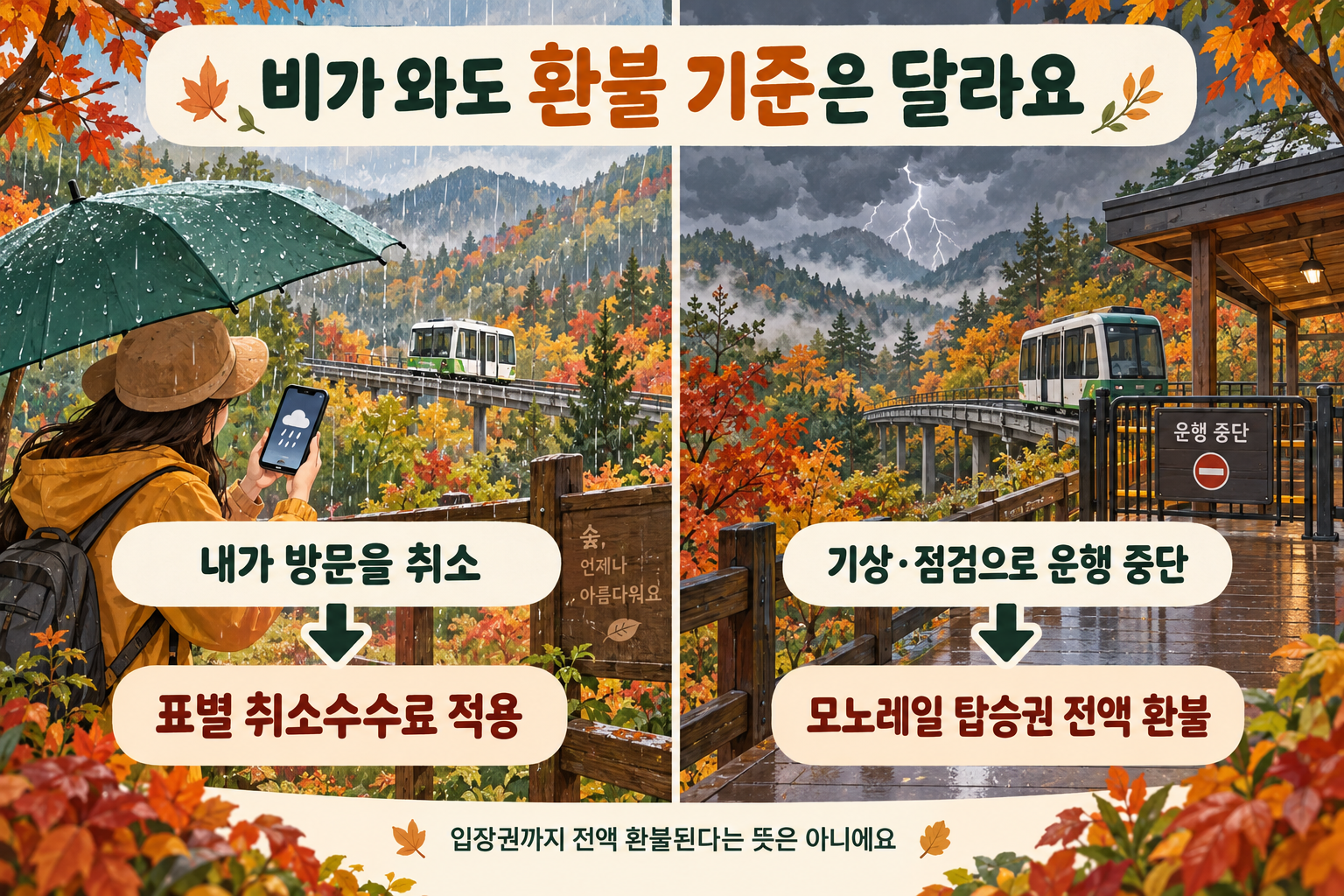 본인이 방문을 취소하면 표별 취소수수료 적용, 기상·점검으로 모노레일 운행 중단 시 탑승권 전액 환불. 입장권까지 전액 환불된다는 뜻은 아님