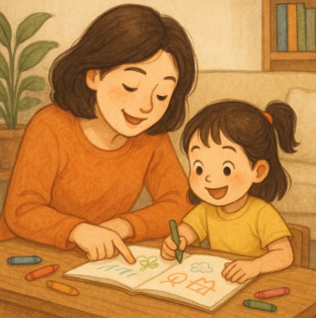 엄마와 아이가 함께 집중력을위해 그림을 그리며 배우는 모습