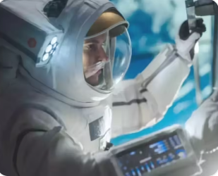 산소가 없는 우주 환경에서 우주복을 착용한 우주비행사의 모습