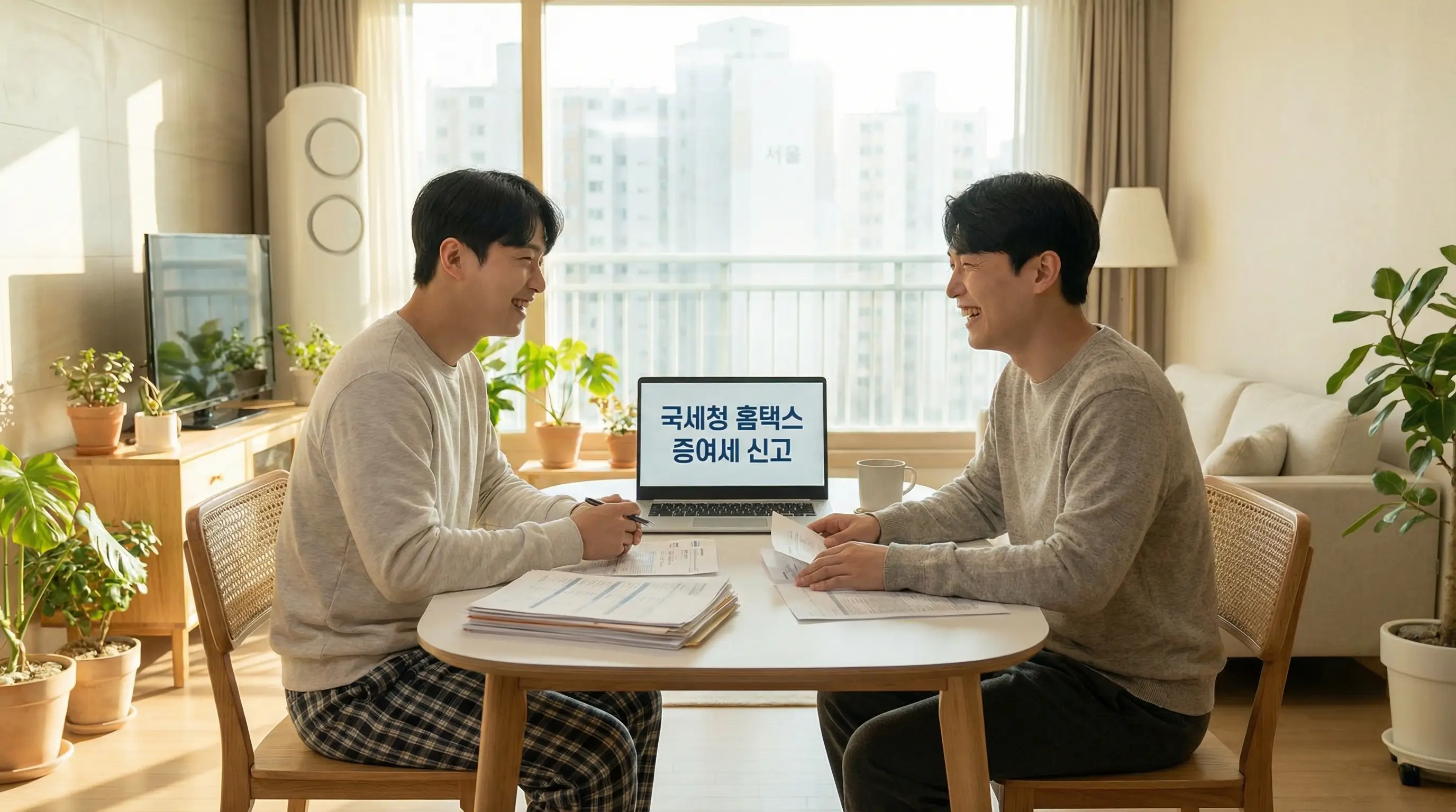 한국인 젊은 부부가 노트북으로 증여세 신고 화면을 보며 함께 서류를 정리하고 미래를 계획하는 밝은 분위기