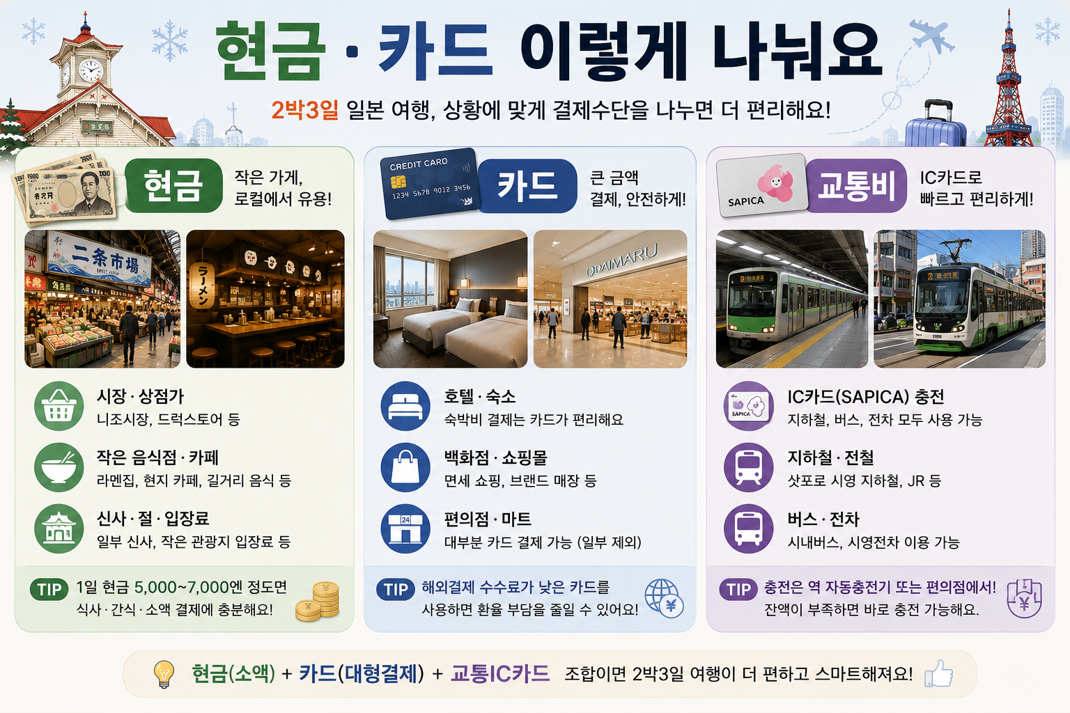 일본 2박3일 여행경비를 엔화 현금 카드 교통비로 나누는 이미지