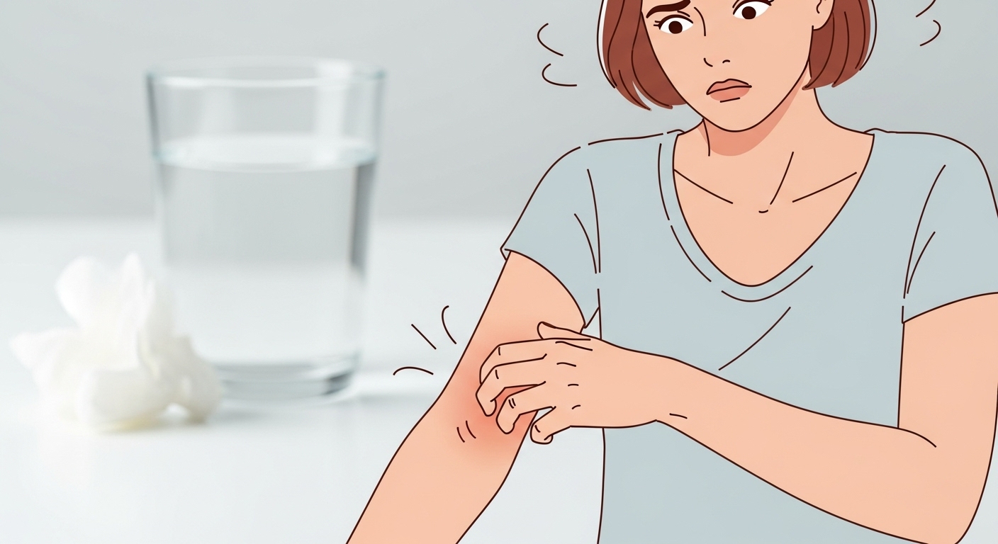 몸의 특정 부위에 심한 가려움증과 불편함을 느끼는 사람의 모습. 대상포진으로 인한 신경성 가려움증을 시각적으로 표현.