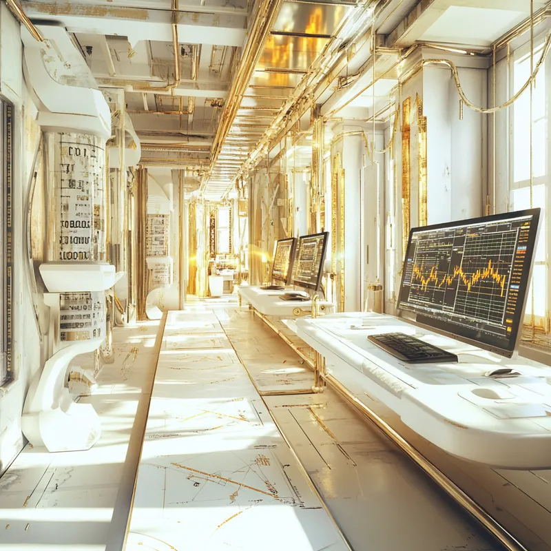 세련된 사무실에서 AI 분석과 주식 동향 그래프가 조화를 이루며 현대 투자 전략의 맥박을 보여준다.