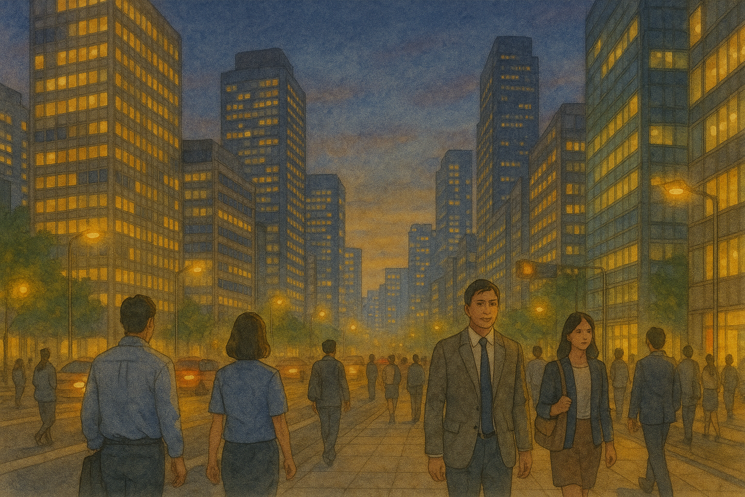 도시의 황혼 속 거리풍경