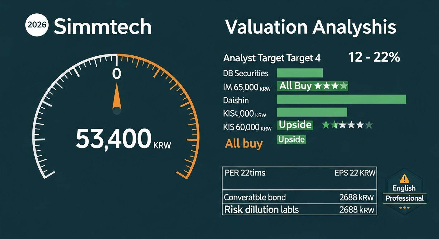 Simmtech valuation analysis 2026 dark teal background center stock price dial 53400 KRW amber needle analyst target comparison four bars DB Securities 65000 KRW iM Securities 65000 KRW Daishin 60000 KRW KIS 60000 KRW all buy rating green upside 12 to 22 percent right side PER 22 times EPS 2688 KRW calculation table CB convertible bond dilution risk warning badge English labels professional dark