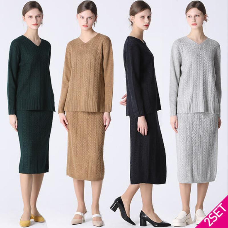 르오트 케이블 니트셋업 2종세트 V넥니트 스커트