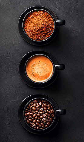 검정 커피잔에 담긴 갈색의 커피원두, 커피믹스, 고동색의 커피원두가 있다. 잔들이 세로로 놓여졌다.