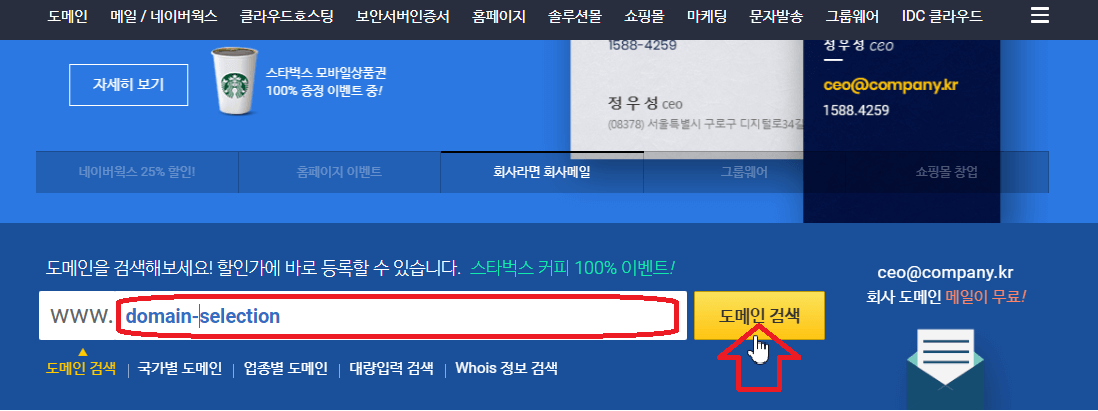 후이즈 첫화면 도메인 입력창