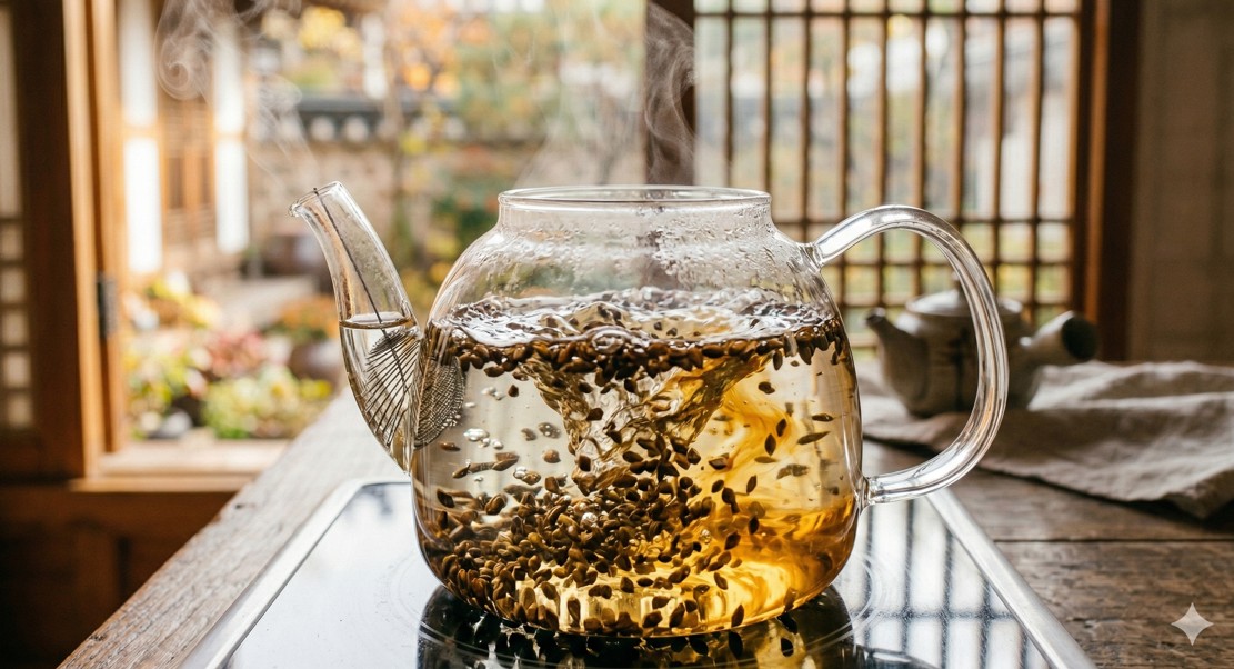 투명한 유리 주전자 안에서 결명자 씨앗이 우러나며 물이 황금색으로 변하는 역동적인 순간