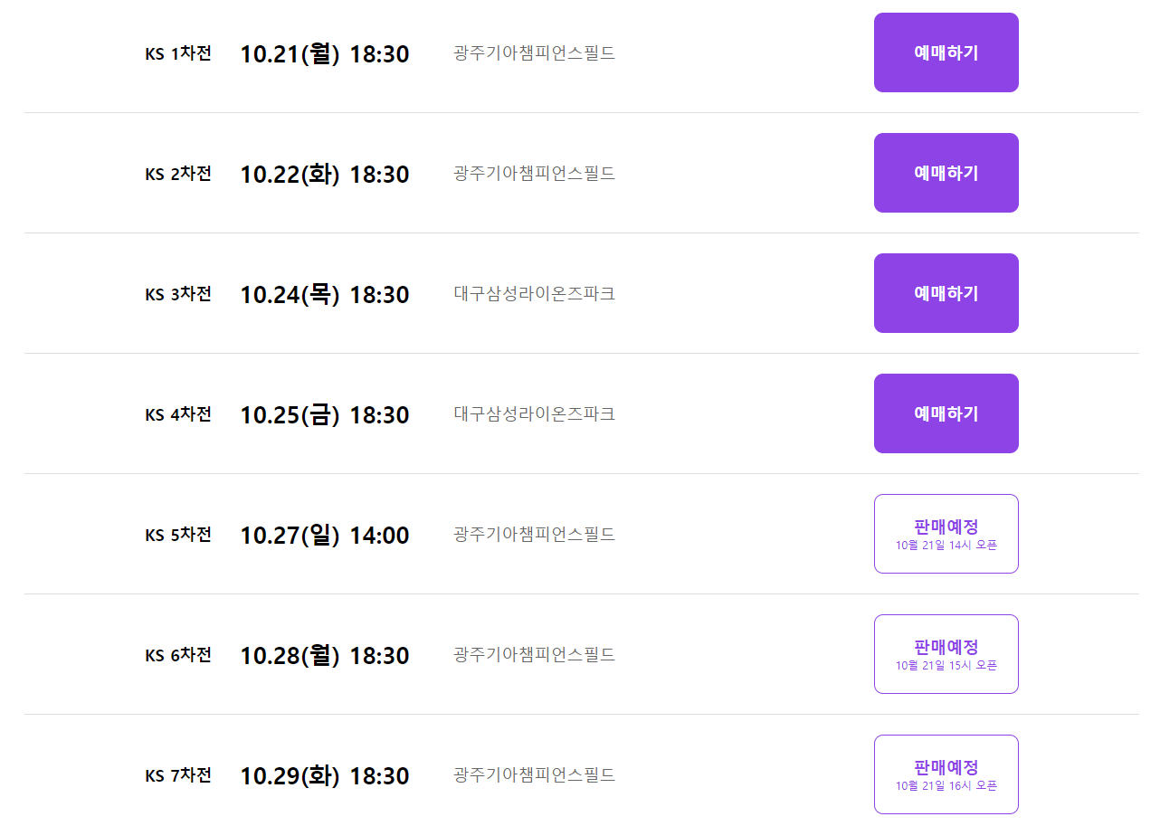 한국시리즈 예매 일정.
4차전까지 매진이다.
5차전 판매예정은 10월 21일 오후 2시부터이다.