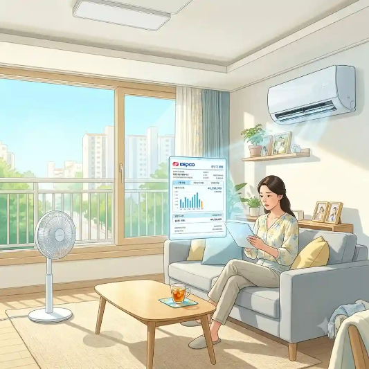 여름철 전기요금 고지서 에어컨을 보며 확인하는 모습