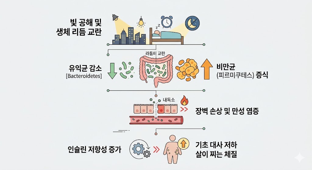 생체 리듬 교란이 비만균 증식과 장벽 손상을 일으키는 과정을 담은 이미지입니다. 만성 염증과 인슐린 저항성 증가로 기초 대사가 낮아져 살이 찌는 체질로 변하는 메커니즘을 보여줍니다. 장내 미생물 변화가 비만으로 이어지는 단계를 직관적인 아이콘으로 설명합니다.
