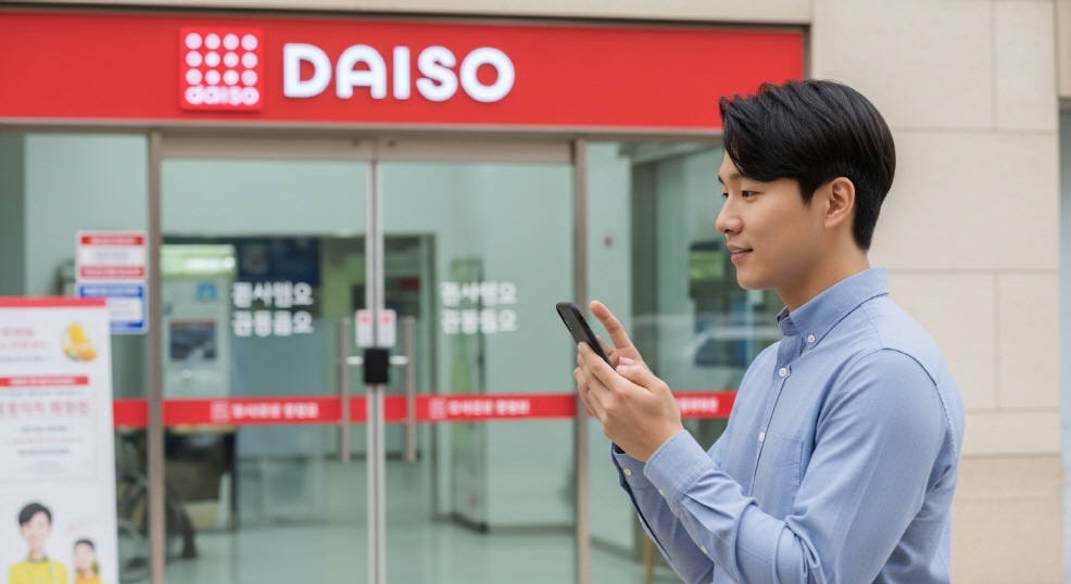 다이소 출입문 앞에서 앱으로 검색하는 청년