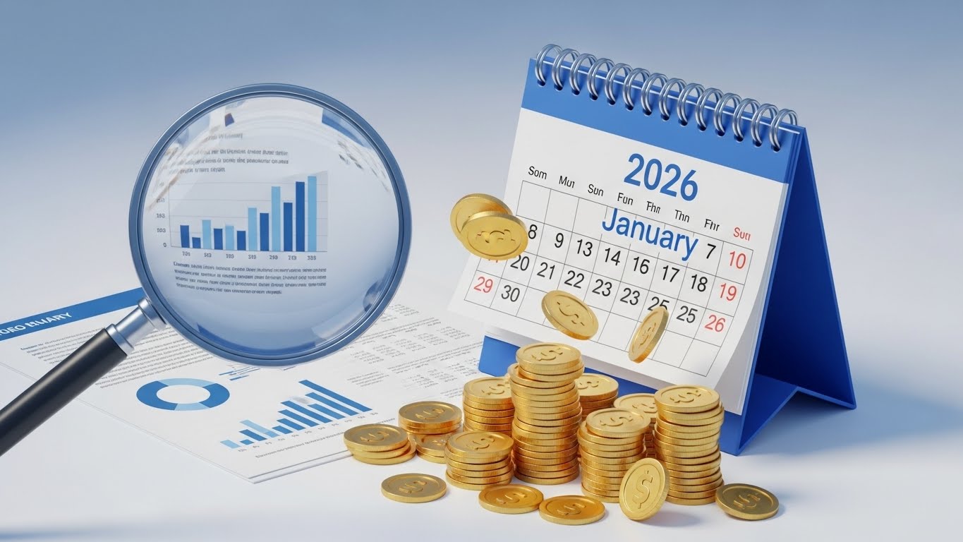A 3D render of a calendar flipping to '2026 January' with falling gold coins and a magnifying glass analyzing a document, blue and white professional theme