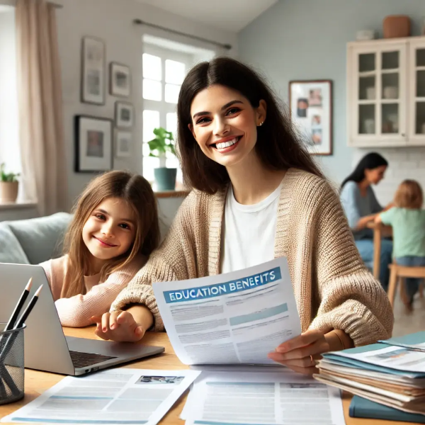 밝은 실내 책상에서 서류와 노트북을 보며 자녀 교육비 혜택을 검토 중인 젊은 엄마의 초고해상도 사진