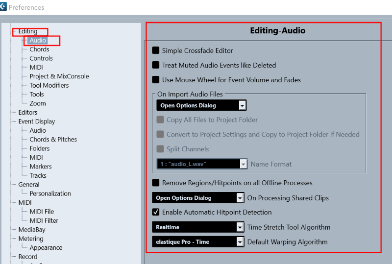 Cubase 13 &#39;Preferences&#39; Editing - Audio