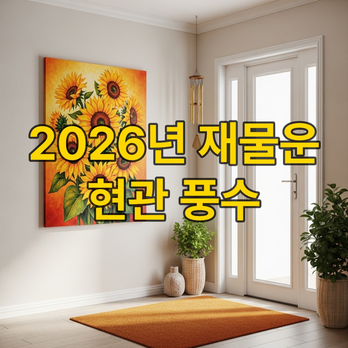 2026년 재물운을 부르는 현관의 모습: 활짝 핀 해바라기 그림과 맑은 소리의 현관종, 깨끗한 황금색 현관 매트가 조화로운 인테리어
