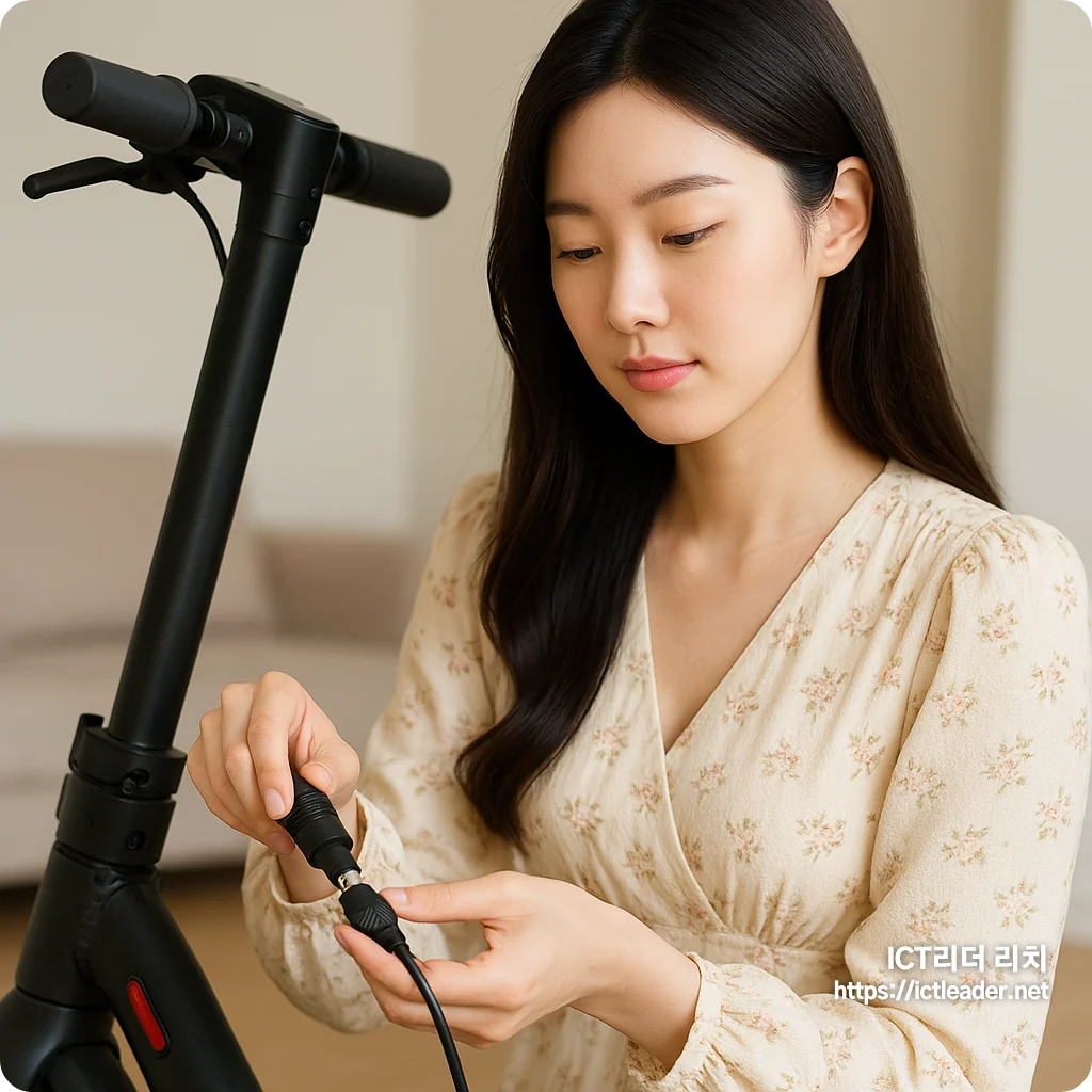 전동오토바이를 충전 중인 20대 여성의 실사형 대표 썸네일 이미지