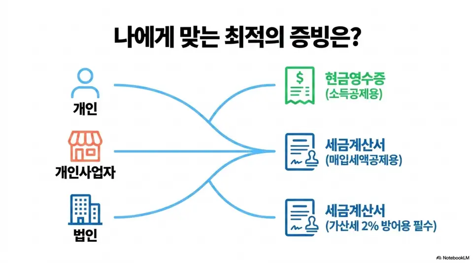 복비 증빙 선택: 개인은 현금영수증(소득공제용), 개인사업자는 세금계산서(매입세액공제용), 법인은 세금계산서(가산세 2% 방어용 필수)로 소비자 유형별 최적 증빙이 달라진다는 정보를 연결 다이어그램으로 설명한 인포그래픽 이미지. 이 이미지는 복비 현금영수증과 세금계산서의 상황별 증빙 선택 기준과 관련된 내용을 설명함