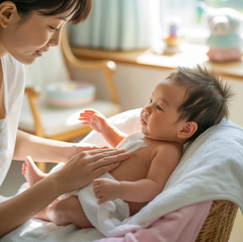 목욕 후 몸에 보습제를 발라주고 있는 엄마 