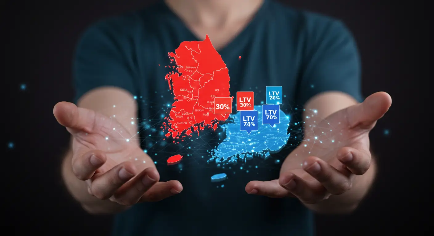 대한민국 지도 위에 규제지역과 비규제지역의 LTV 한도 차이를 보여주는 이미지