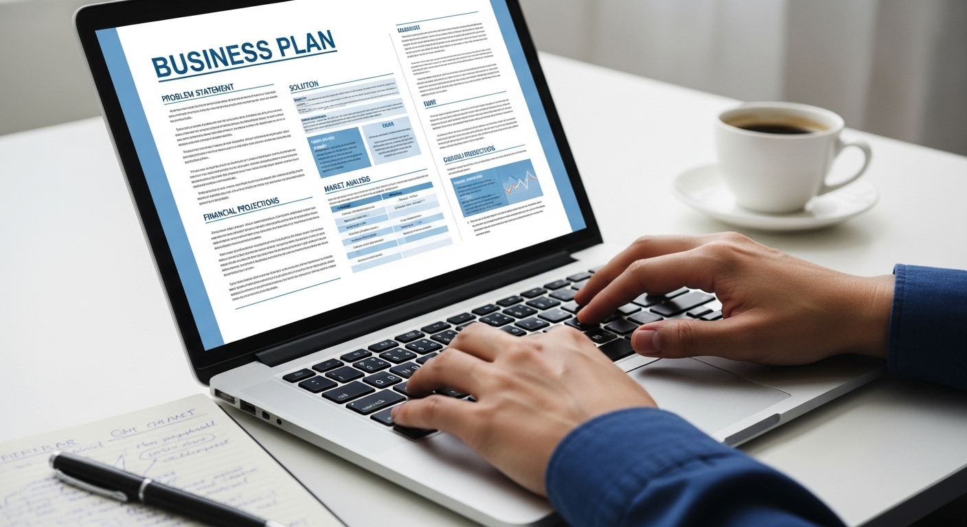 노트북으로 사업계획서를 작성하는 손. 화면에는 문제 정의, 해결 방안, 시장 분석 등의 내용이 보이며, 주변에는 펜과 노트가 놓여있음.