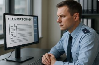 전자결재 문서를 진지하게 검토하는 공직자 남성. 디지털 화면 앞에서 보안에 주의를 기울이며 업무 중인 이미지