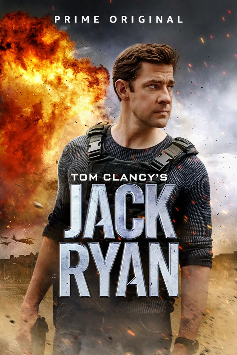 "Amazon Prime Original 시리즈 'Jack Ryan' 공식 포스터. 폭발이 일어난 전장 속에서 강렬한 눈빛을 가진 주인공이 무장한 채 전투 태세를 갖추고 있음. 톰 클랜시 원작의 첩보 액션 드라마로, 긴장감 넘치는 스릴과 전략적 전투가 펼쳐지는 시리즈!"