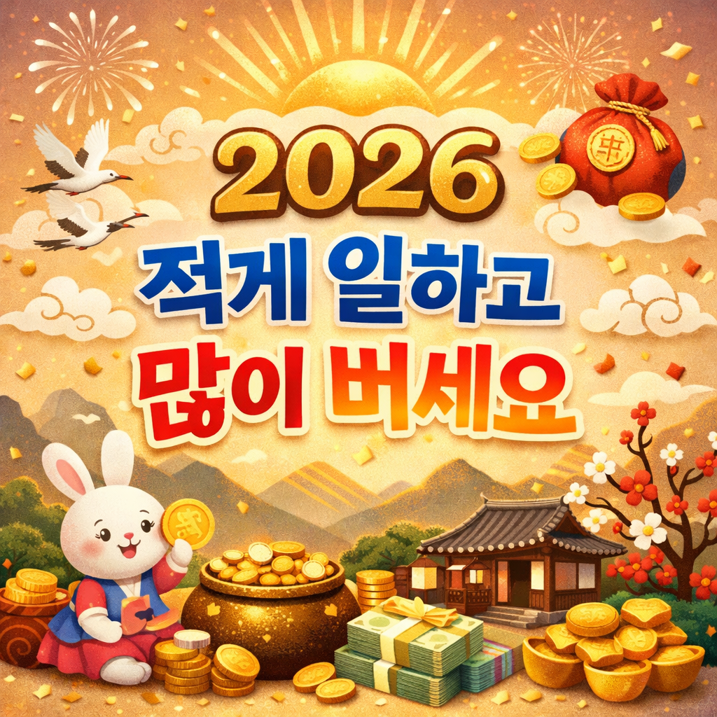 2026 적게 일하고 많이 버세요 문구가 들어간 새해 인사 카드 이미지 무료 다운로드
