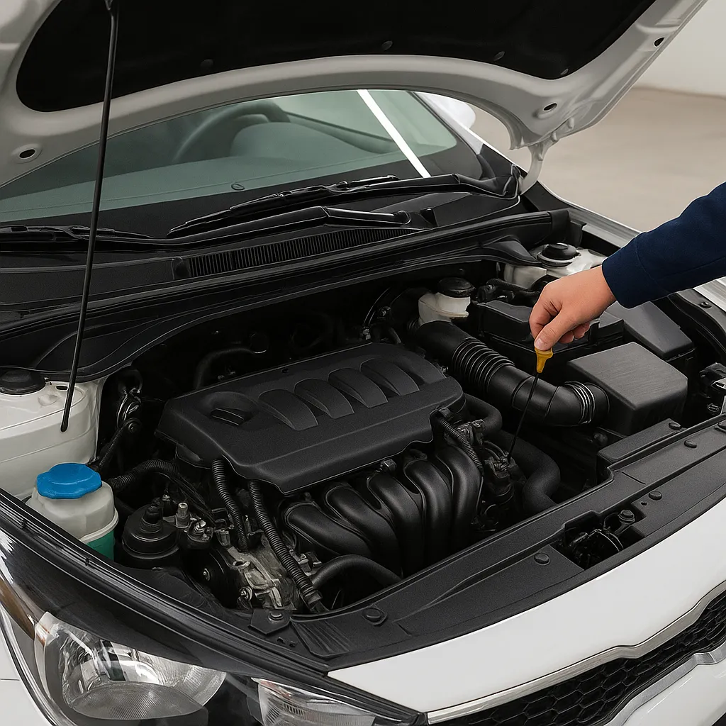 운전자가 보닛을 열고 엔진오일을 점검하는 장면