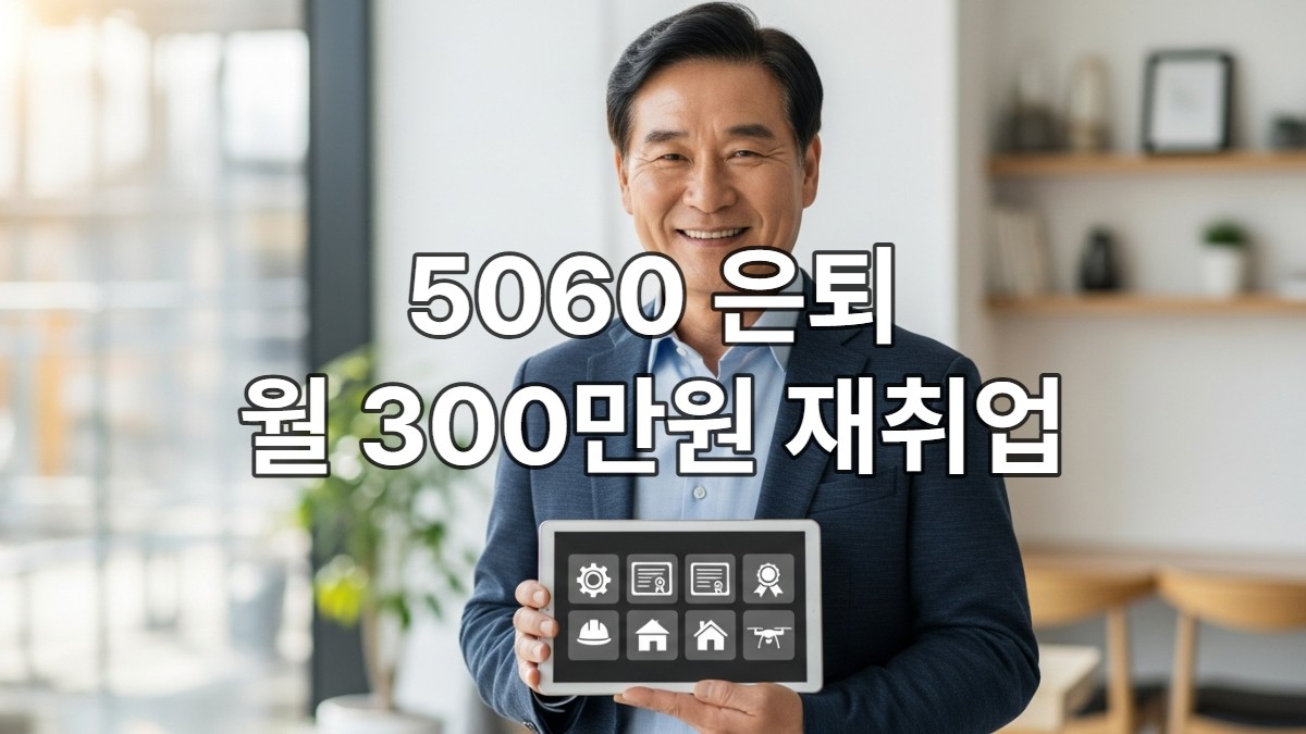 2025년 은퇴 후 새로운 도전을 준비하는 50대 남성이 다양한 자격증 아이콘이 보이는 태블릿을 들고 자신감 있게 웃고 있는 모습