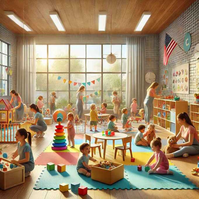 유치원에서 아이들과 선생님이 함께 생활하는 뷰