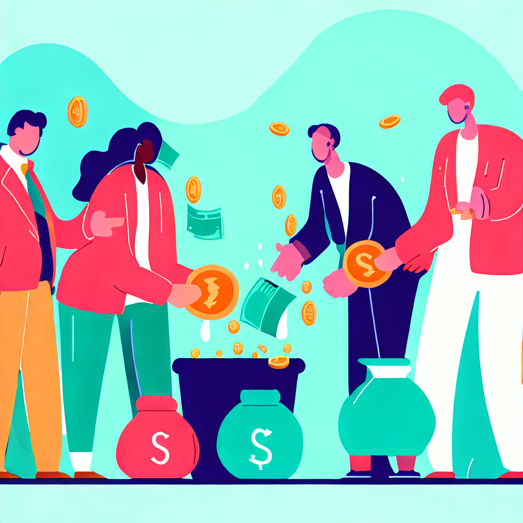 Flat vector style: A diverse group of investors putting small amounts of money into P2P lending projects